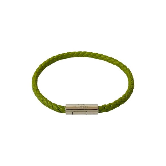 HERMES Goliath Braided Leather Bracelet/Bangle in Light Green and Silver (99739) - Picture 1 of 4